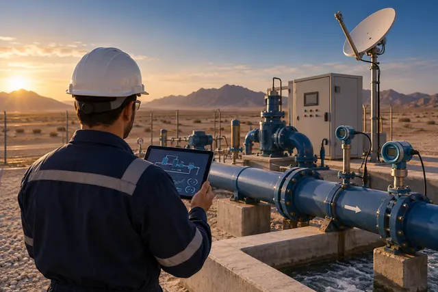 Illustration of an engineer monitoring pipeline sensors through a satellite-connected control station